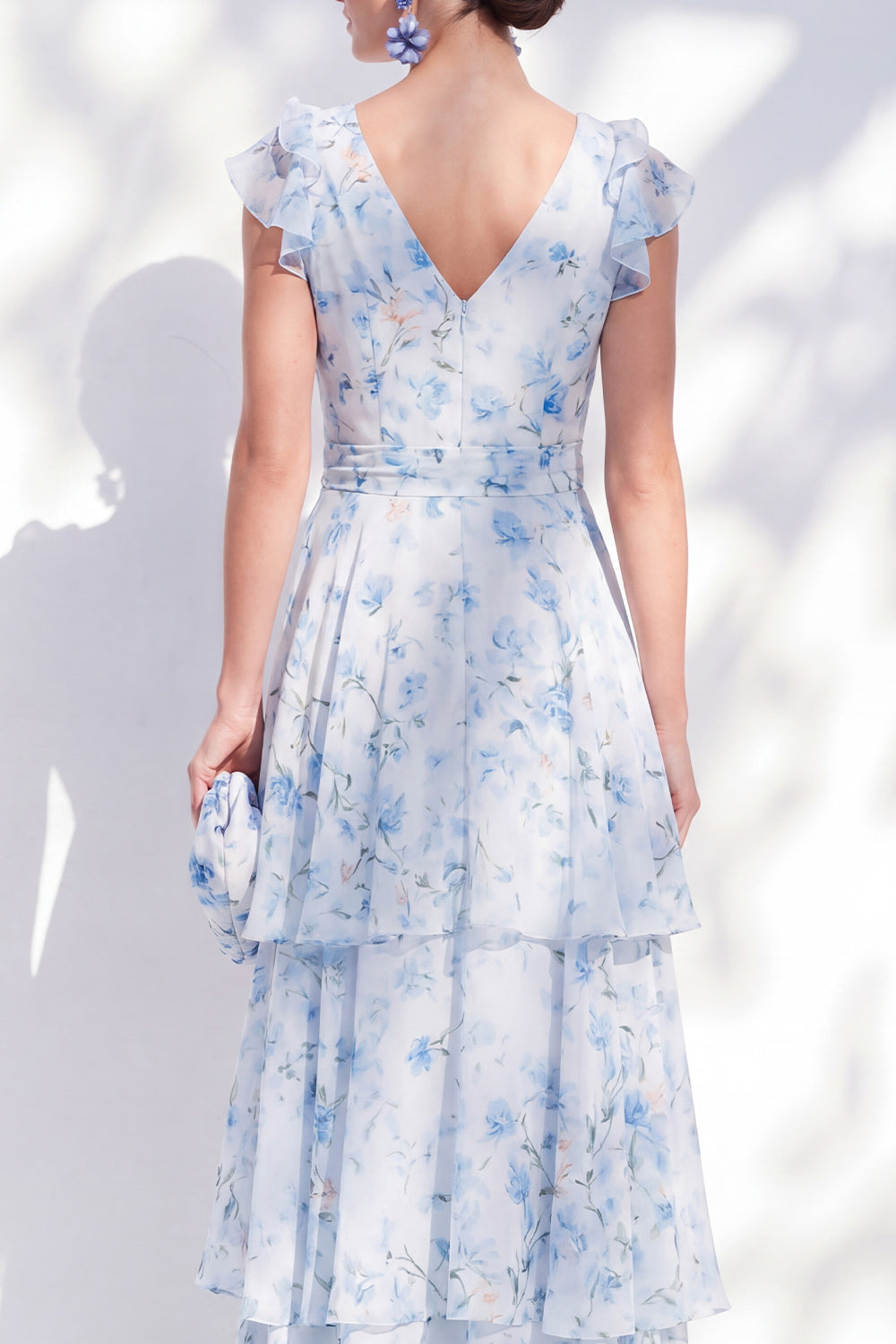 Robe longue de mère de la mariée en mousseline de soie, coupe trapèze, bleu floral, col en V, à plusieurs niveaux, à volants, avec ceinture