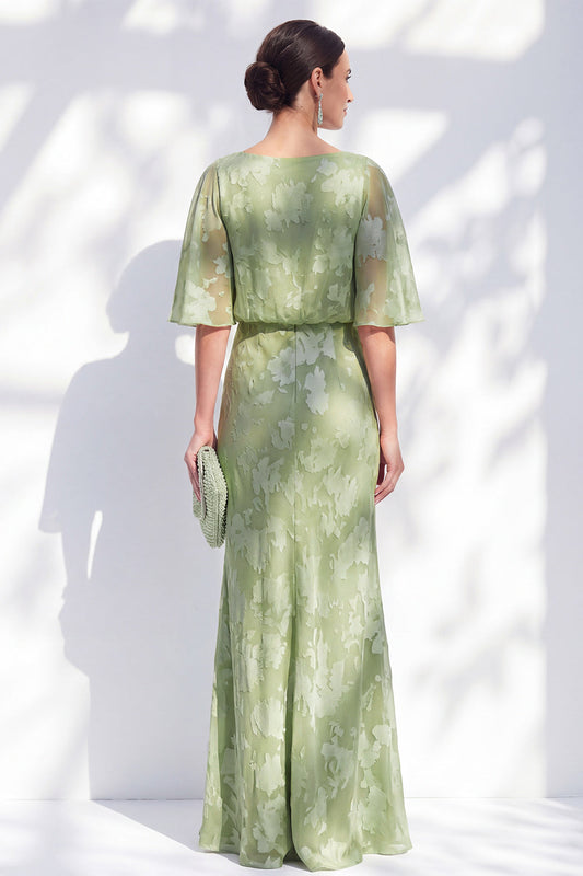 Robe longue de mère de la mariée vert sauge sirène en mousseline florale à volants et encolure bateau
