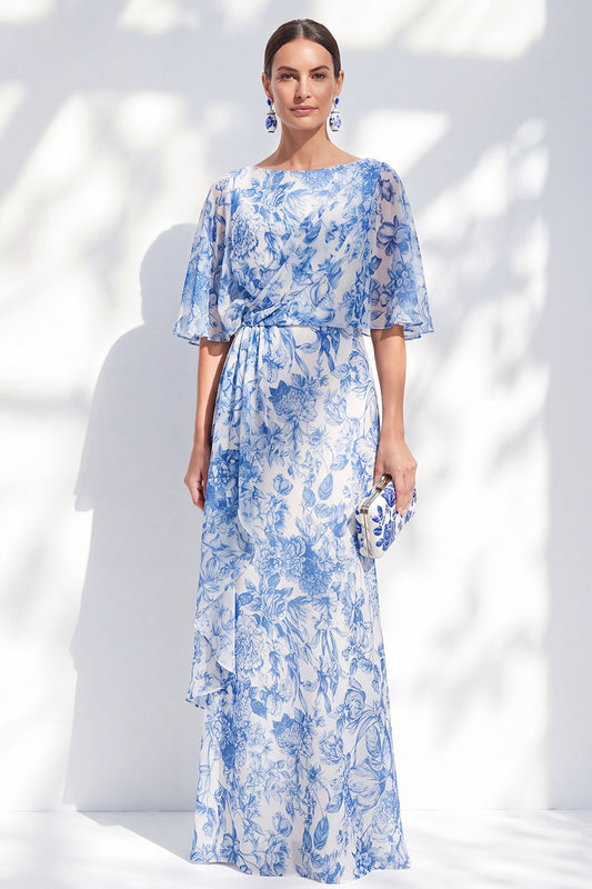 Robe de mère de la mariée longue à volants en mousseline de soie, en forme de sirène, à fleurs blanches et bleues, col bateau
