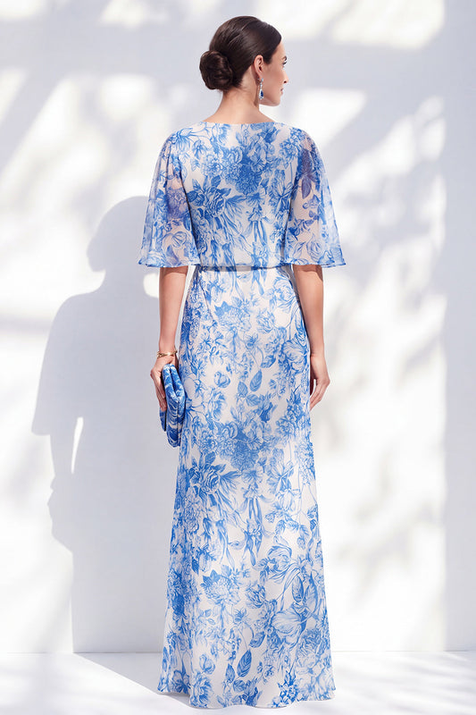 Robe de mère de la mariée longue à volants en mousseline de soie, en forme de sirène, à fleurs blanches et bleues, col bateau