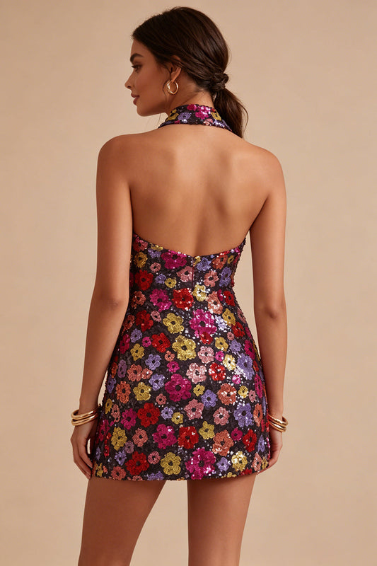 Sparkly Black Floral Halter Neck Bodycon Sequin Homecoming Dress