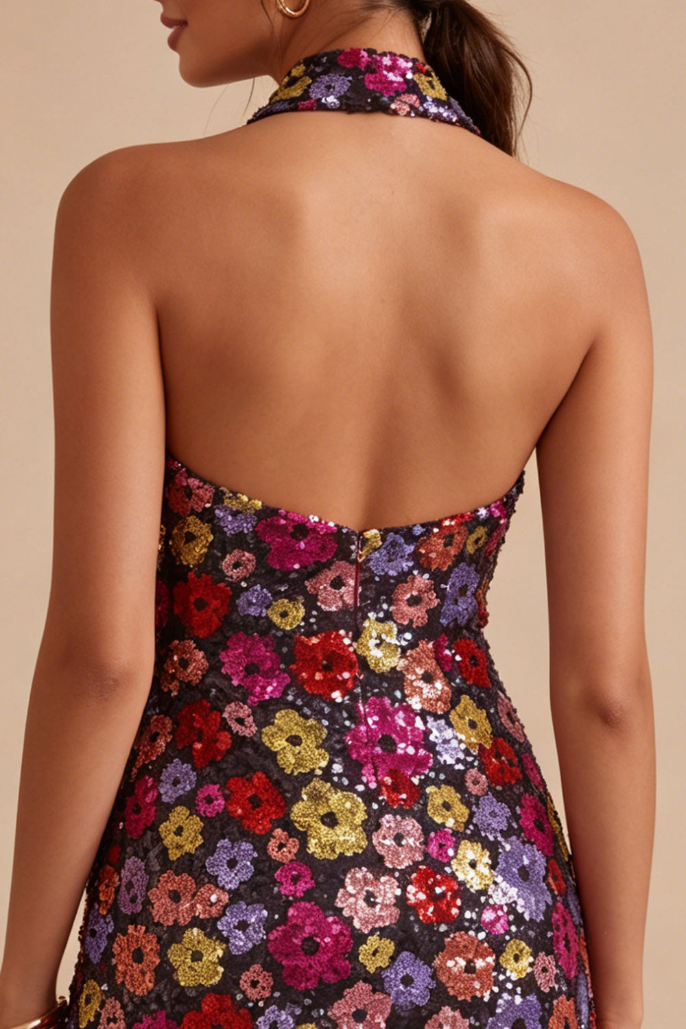 Sparkly Black Floral Halter Neck Bodycon Sequins Homecoming Dress