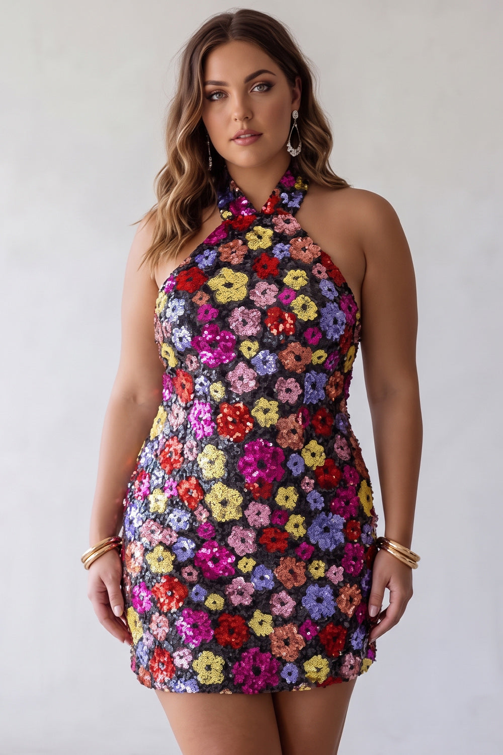 Sparkly Black Floral Halter Neck Bodycon Sequins Homecoming Dress