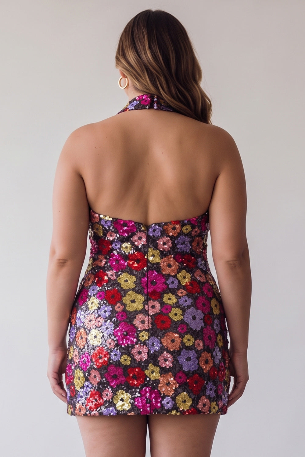 Sparkly Black Floral Halter Neck Bodycon Sequins Homecoming Dress
