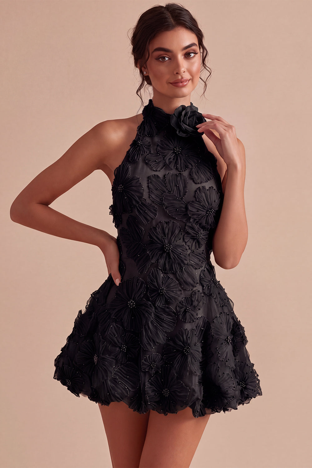 A-Line Daffodil Floral Halter Neck Homecoming Dress with Beading