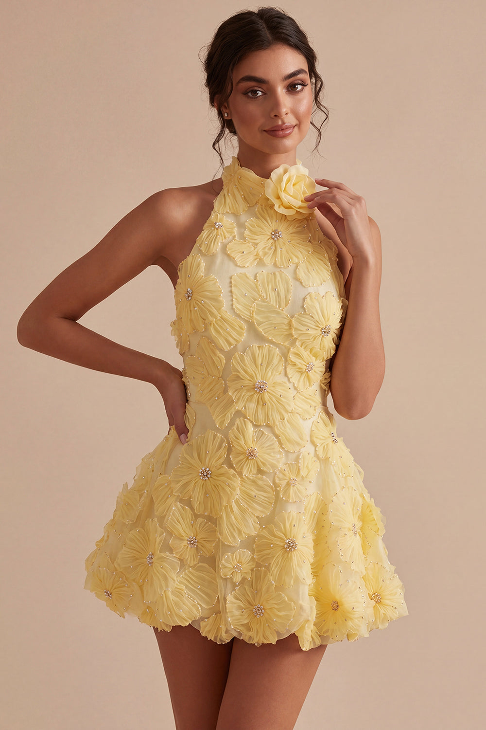 A-Line Daffodil Floral Halter Neck Homecoming Dress with Beading