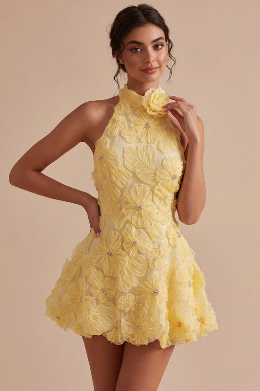 A-Line Daffodil Floral Halter Neck Homecoming Dress with Beading