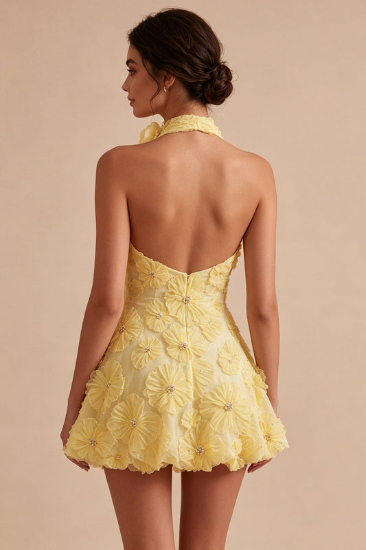 A-Line Daffodil Floral Halter Neck Homecoming Dress with Beading