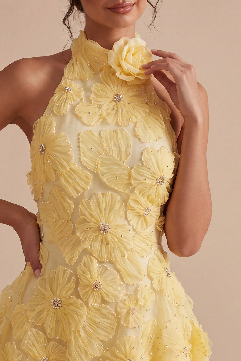 A-Line Daffodil Floral Halter Neck Homecoming Dress with Beading
