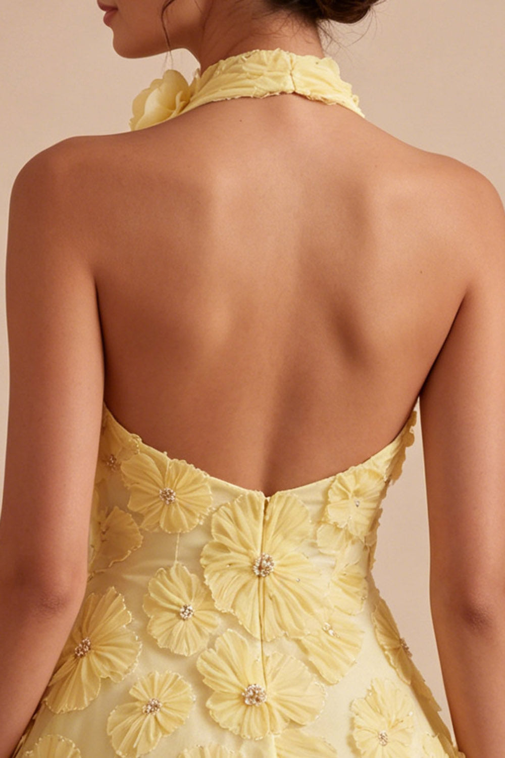 A-Line Daffodil Floral Halter Neck Homecoming Dress with Beading