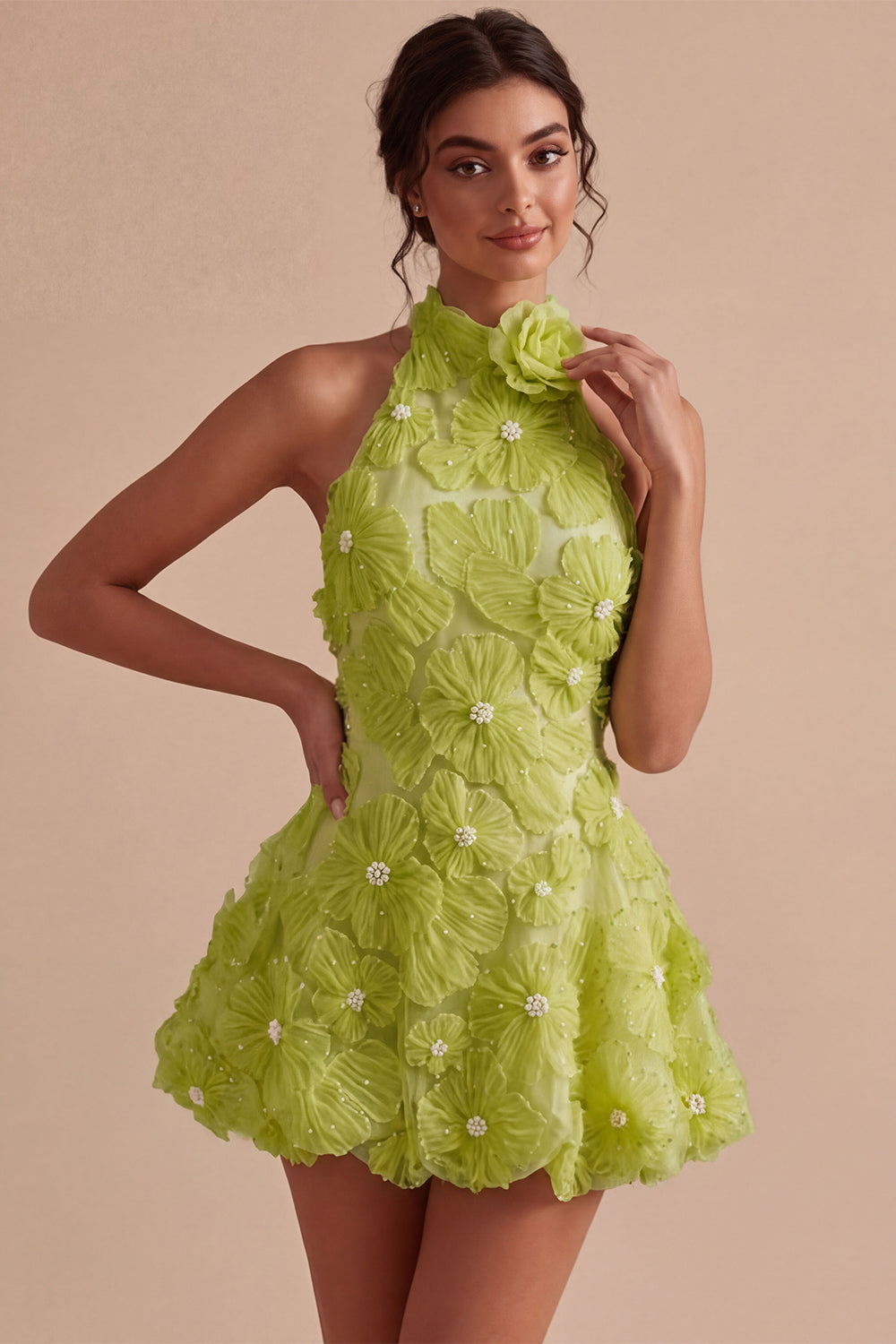 A-Line Daffodil Floral Halter Neck Homecoming Dress with Beading