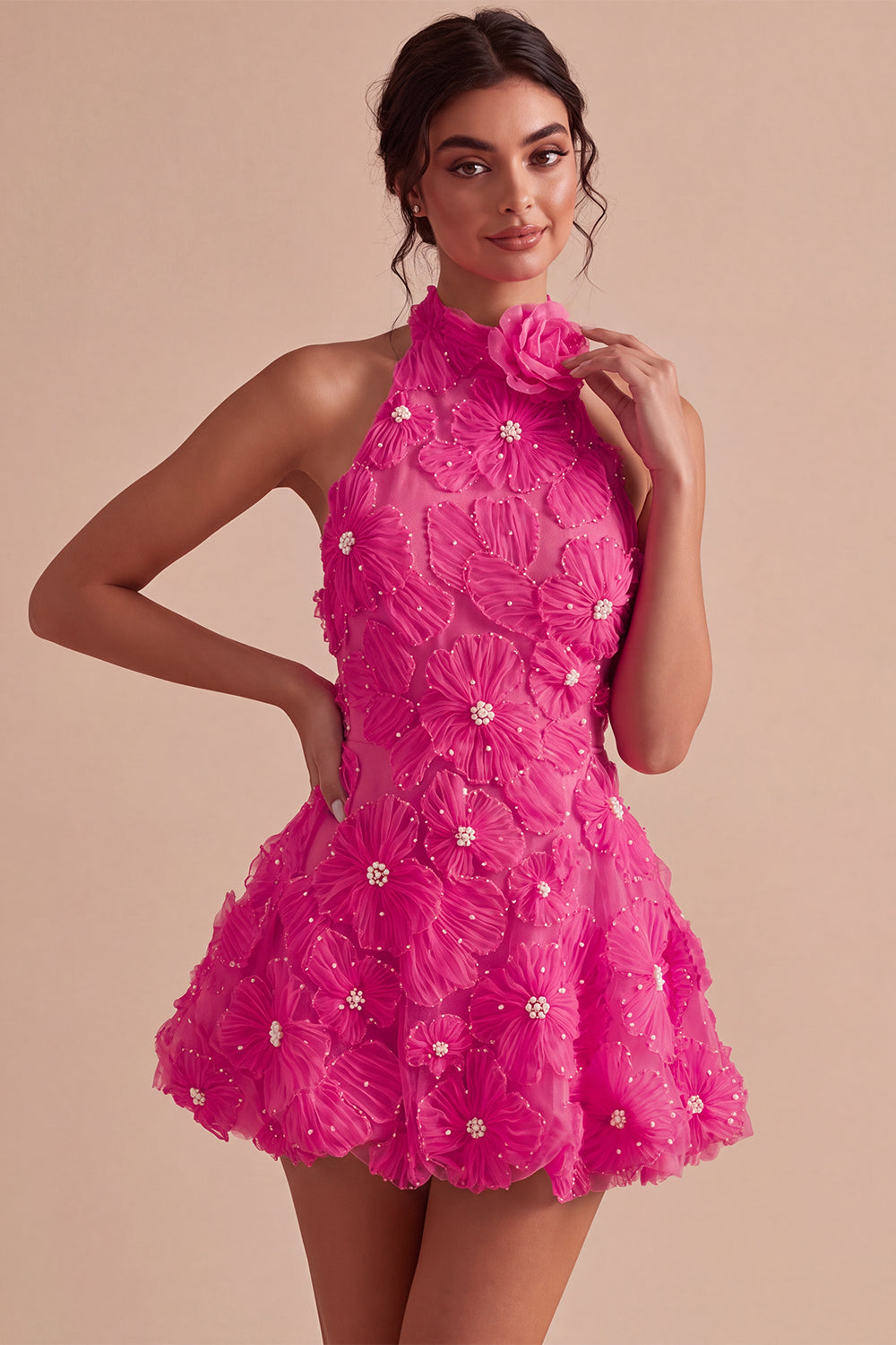 A-Line Daffodil Floral Halter Neck Homecoming Dress with Beading