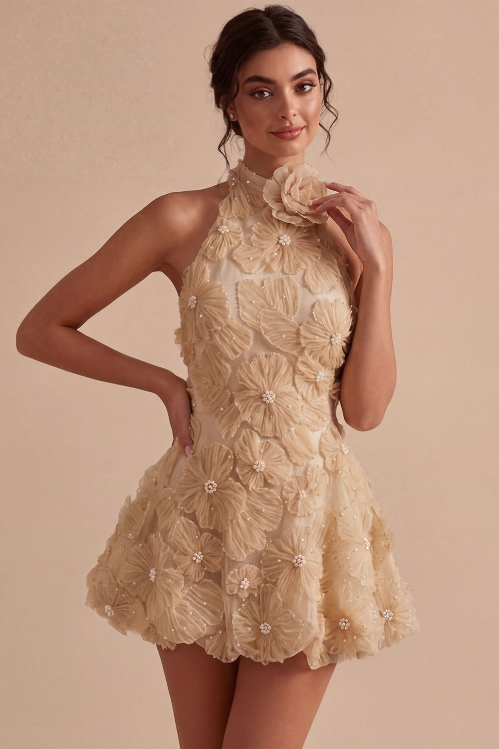 A-Line Daffodil Floral Halter Neck Homecoming Dress with Beading