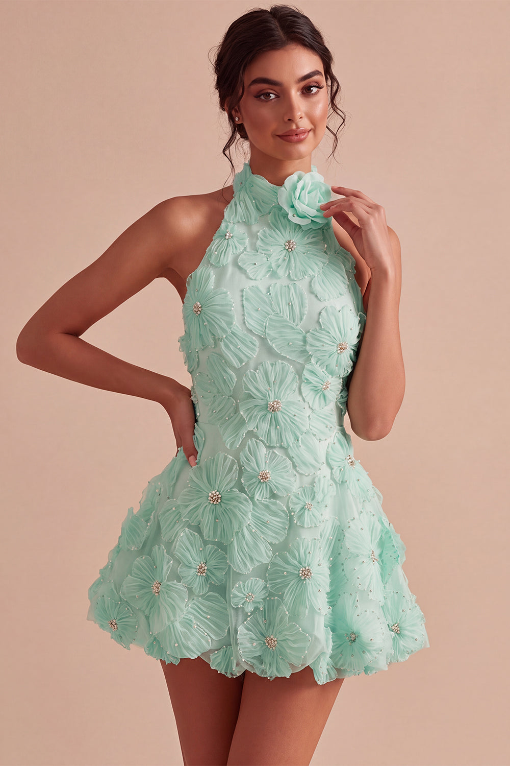 A-Line Daffodil Floral Halter Neck Homecoming Dress with Beading