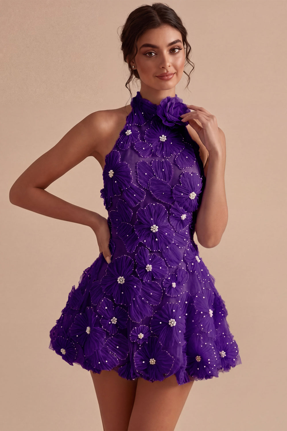 A-Line Daffodil Floral Halter Neck Homecoming Dress with Beading