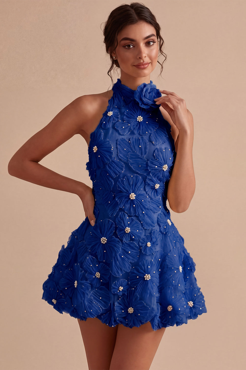 A-Line Daffodil Floral Halter Neck Homecoming Dress with Beading