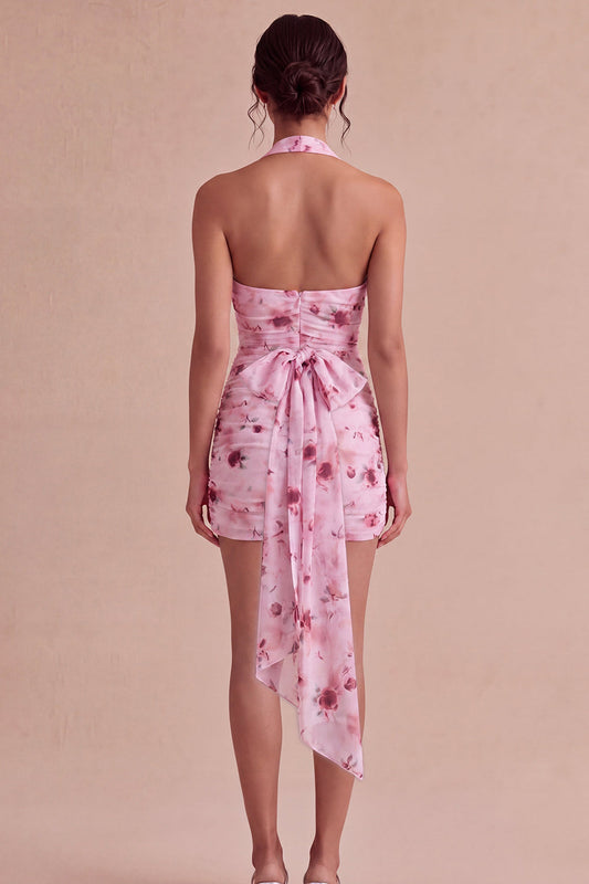 Pink Floral Halter Neck Tight Chiffon Mini Cocktail Dress with Bow