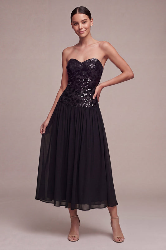 Sparkly Strapless A-Line Midi Sequin Black-Tie Dress