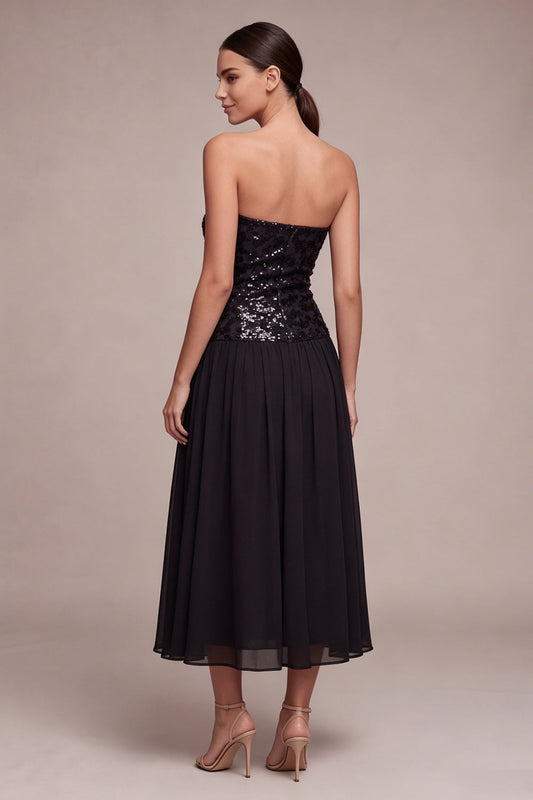 Sparkly Strapless A-Line Midi Sequin Black-Tie Dress