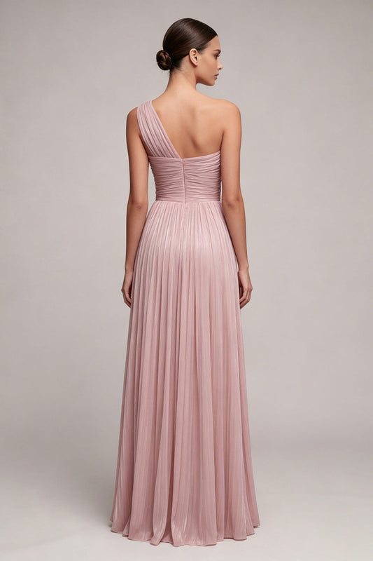 Dusty Rose One Shoulder Pleated A Line Long Formal Dress with Slit