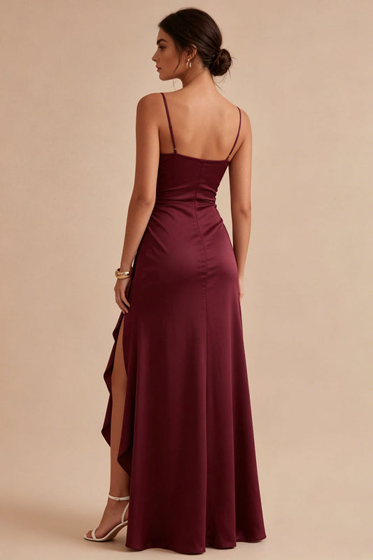 Burgundy Ruffled Spaghetti Straps Mermaid Long Formal Dress with Slit