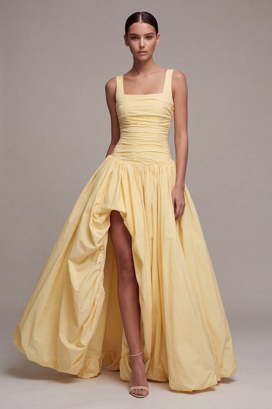 Daffodil Square Neck Ruched Long A Line Formal Dress with Slit