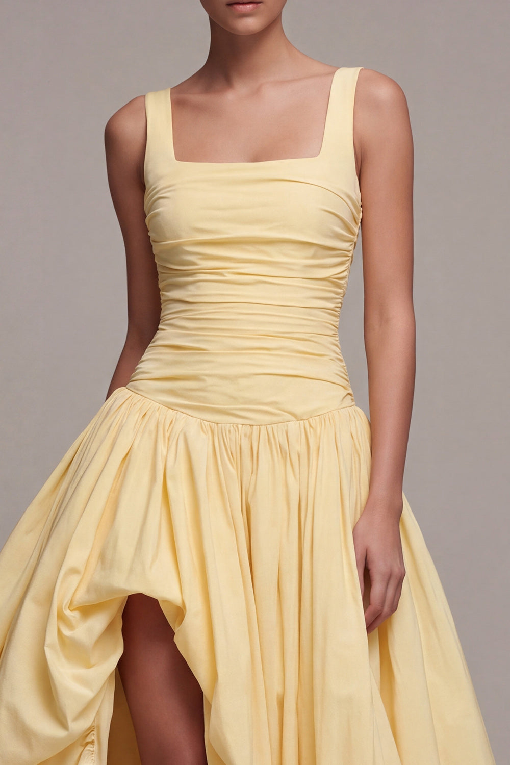 Daffodil Square Neck Ruched Long A Line Formal Dress with Slit