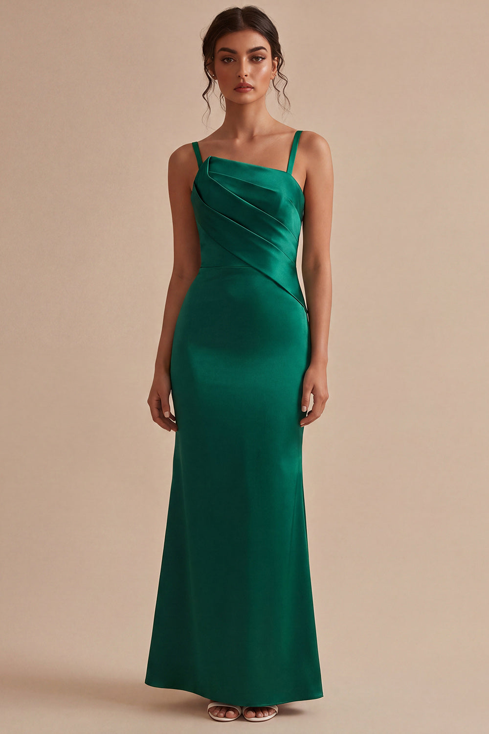 Robe de soirée longue sirène vert foncé avec bretelles épaisses et fronces