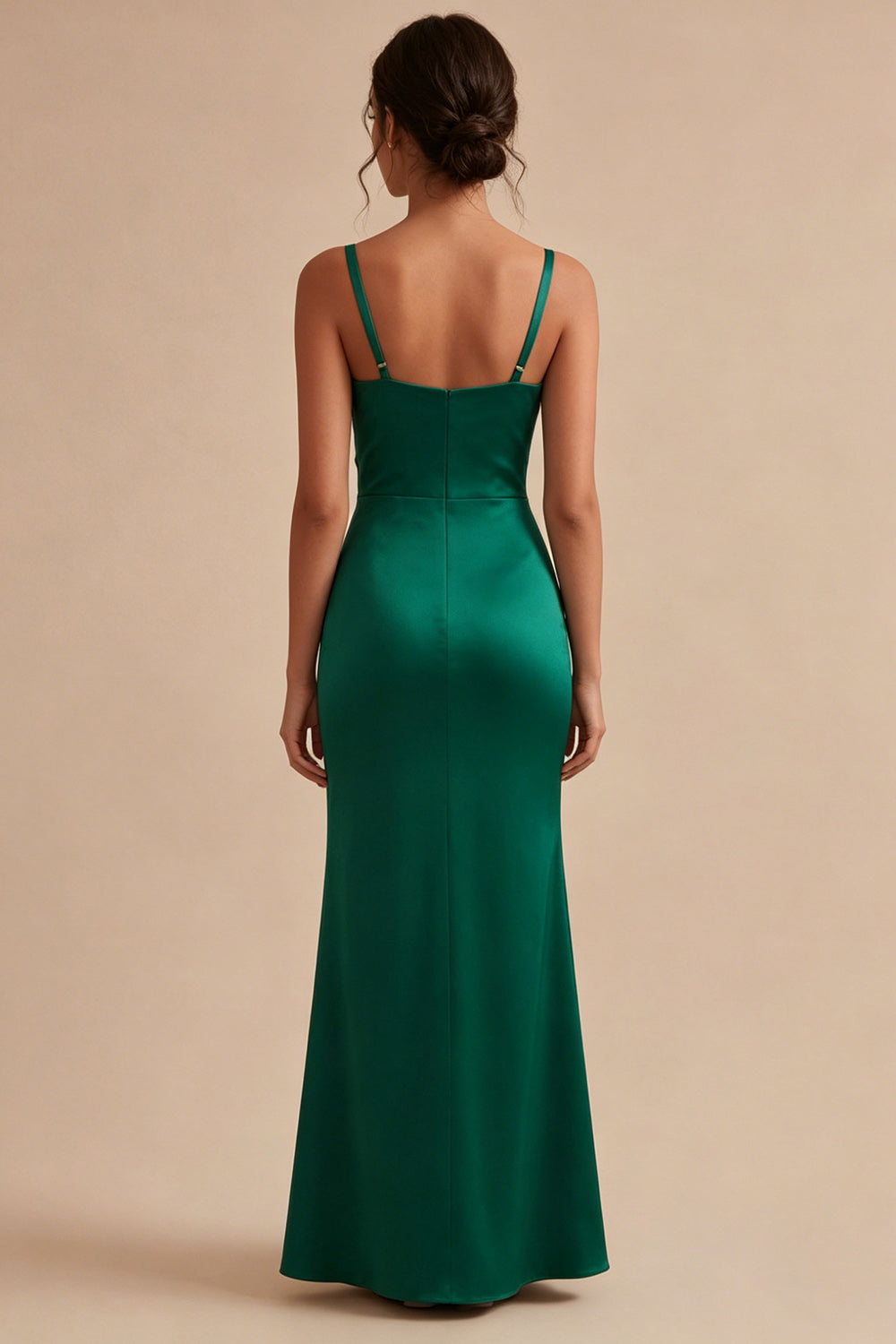 Robe de soirée longue sirène vert foncé avec bretelles épaisses et fronces