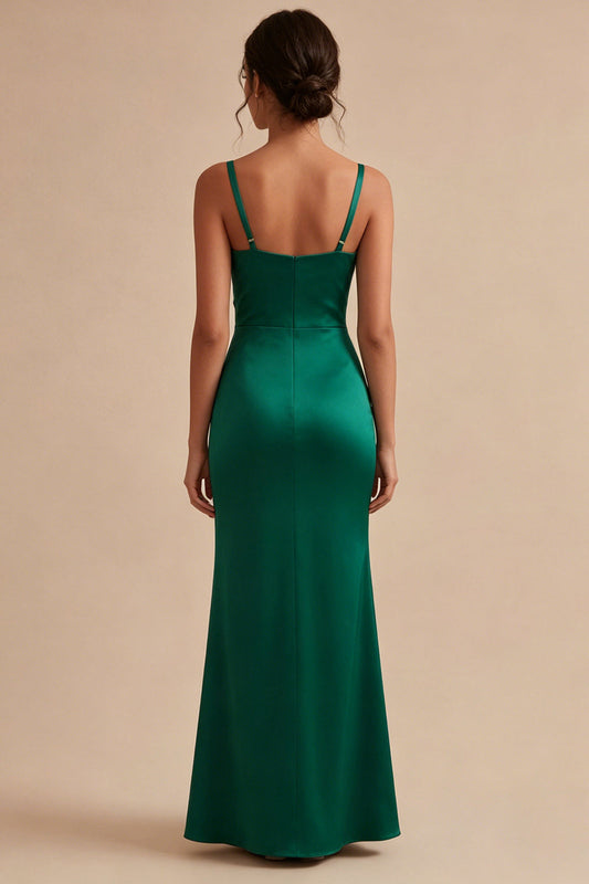Robe de soirée longue sirène vert foncé avec bretelles épaisses et fronces