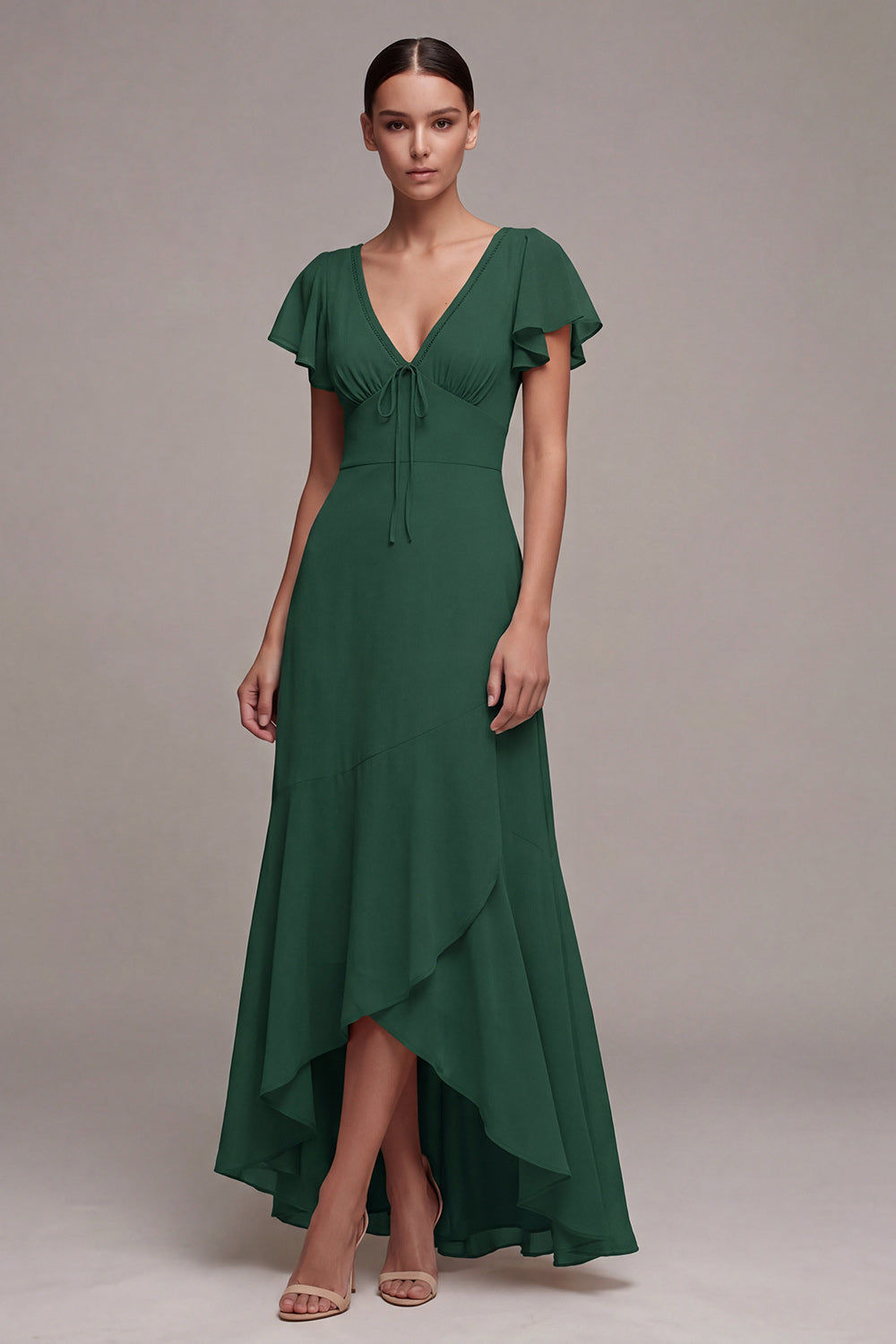 Robe de soirée asymétrique évasée vert foncé avec col en V