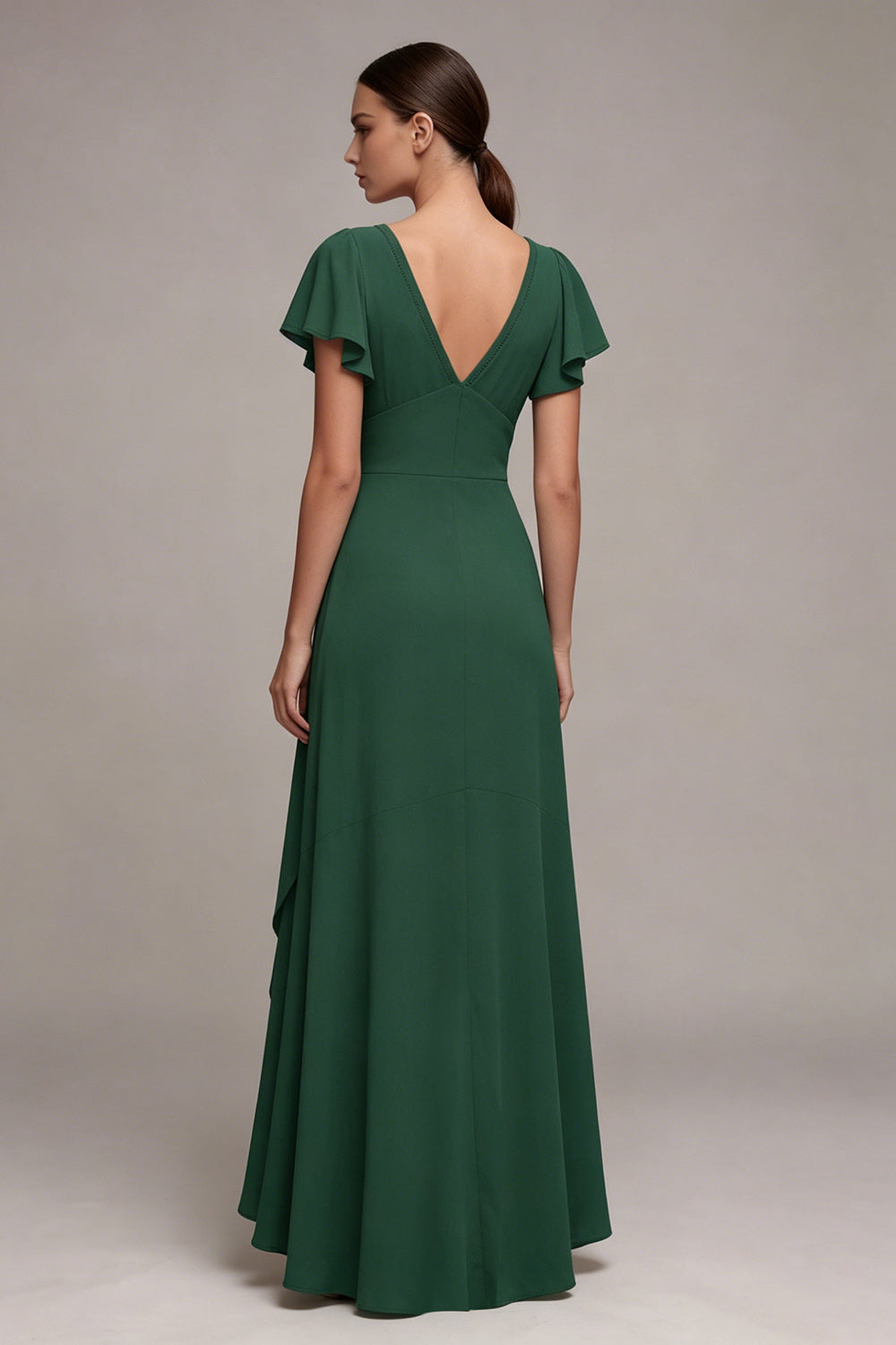 Robe de soirée asymétrique évasée vert foncé avec col en V