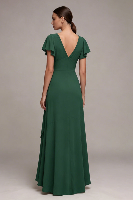 Robe de soirée asymétrique évasée vert foncé avec col en V