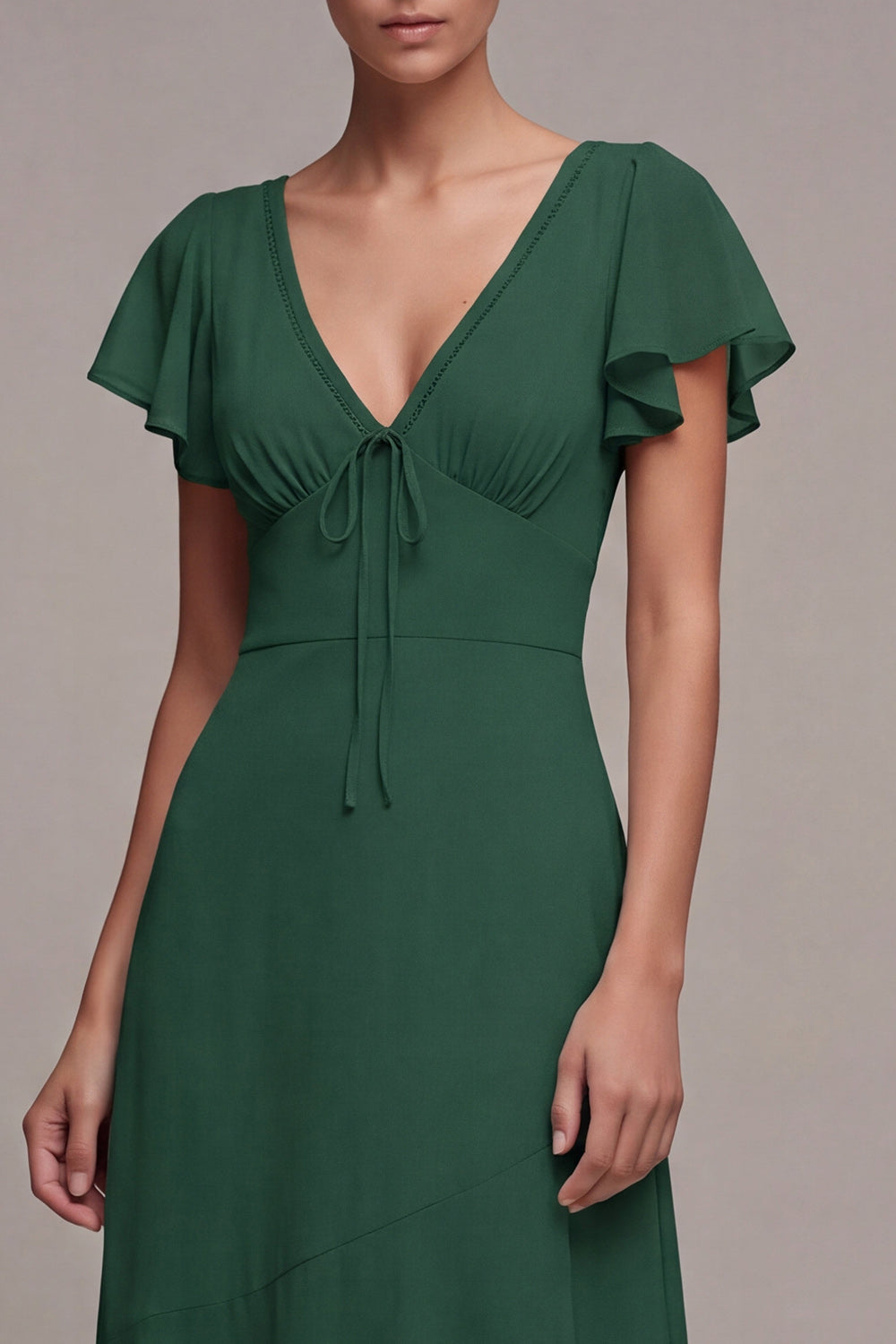 Robe de soirée asymétrique évasée vert foncé avec col en V