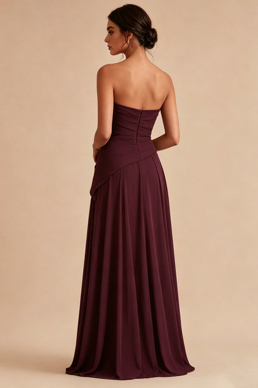 Burgundy A Line Ruched Strapless Long Formal Dress