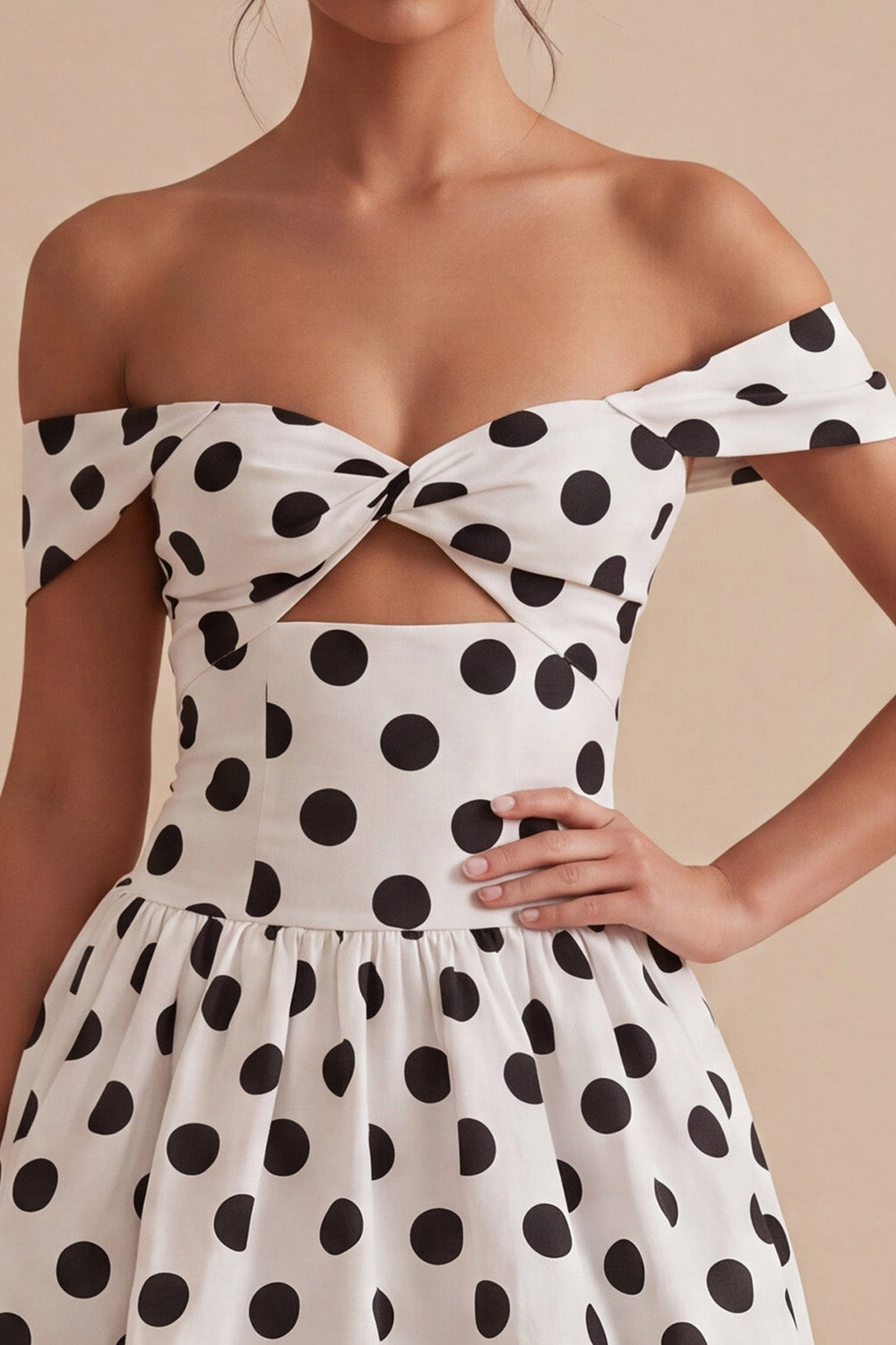 Off The Shoulder White Black Polka Dots A Line Graduation Dress