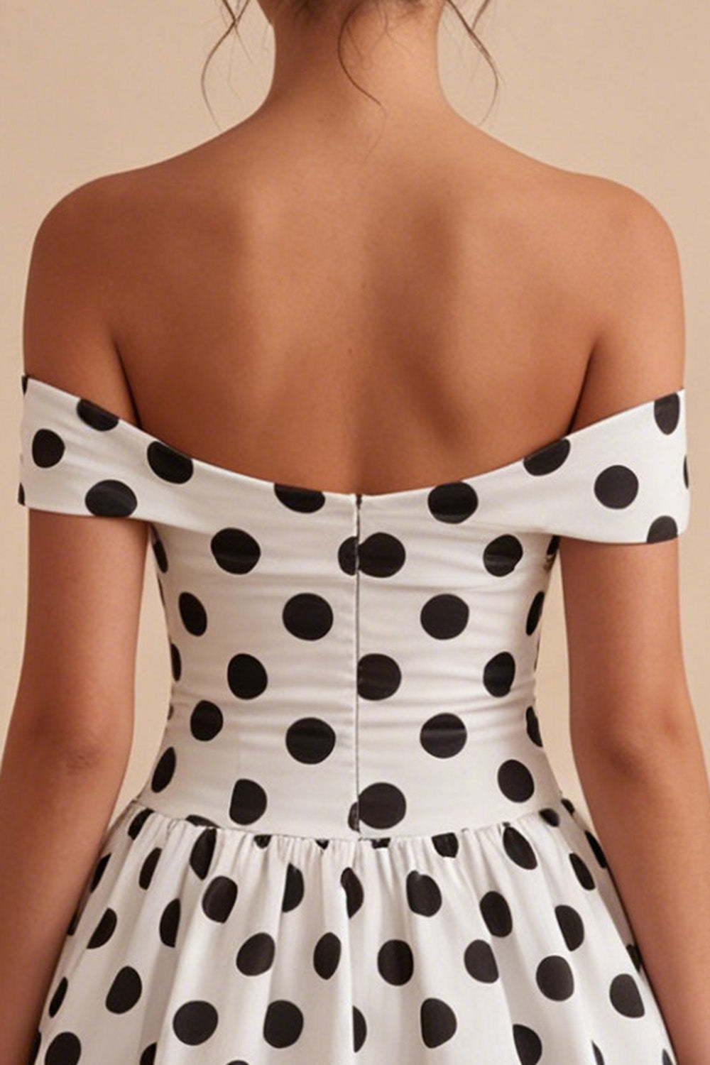 Off The Shoulder White Black Polka Dots A Line Graduation Dress