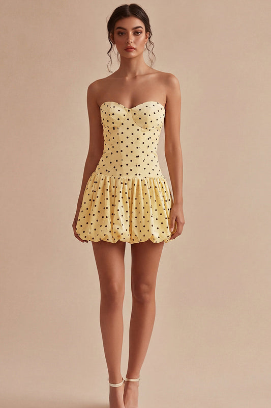 Strapless Yellow Black Dots A-Line Graduation Dress