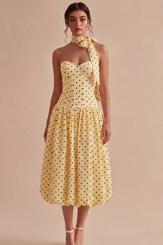 Yellow and Black Strapless Polka Dot A-Line Midi Dress