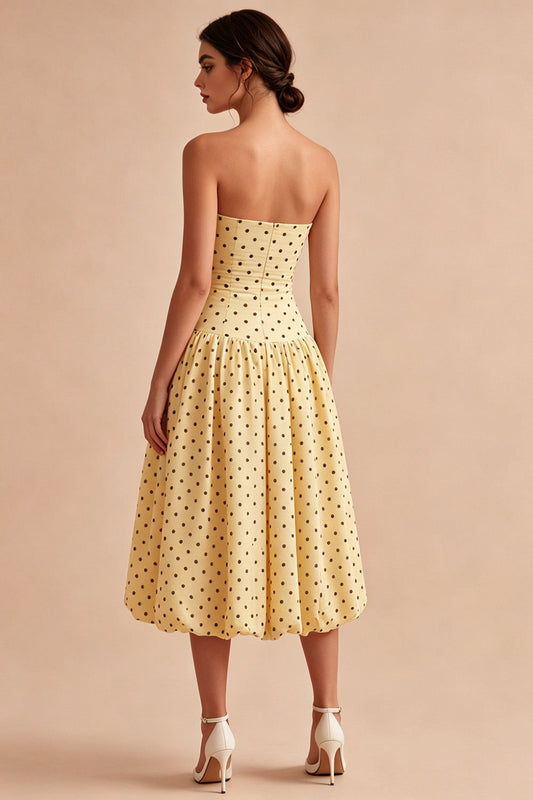 Yellow and Black Strapless Polka Dot A-Line Midi Dress