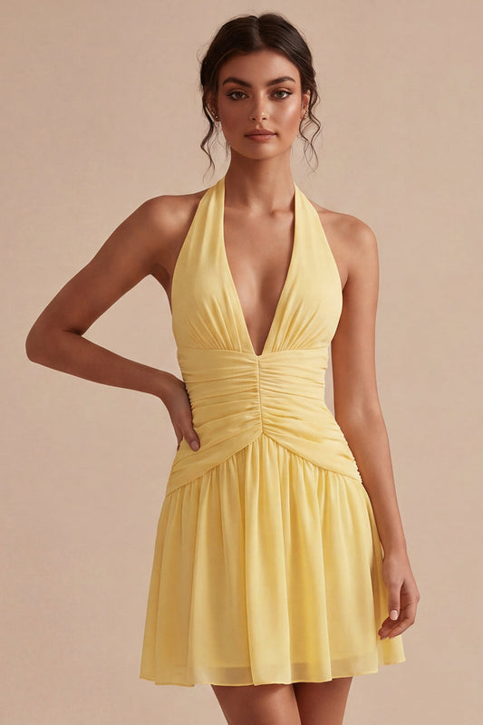 A-Line Short Daffodil Halter Ruched Backless Graduation Dress