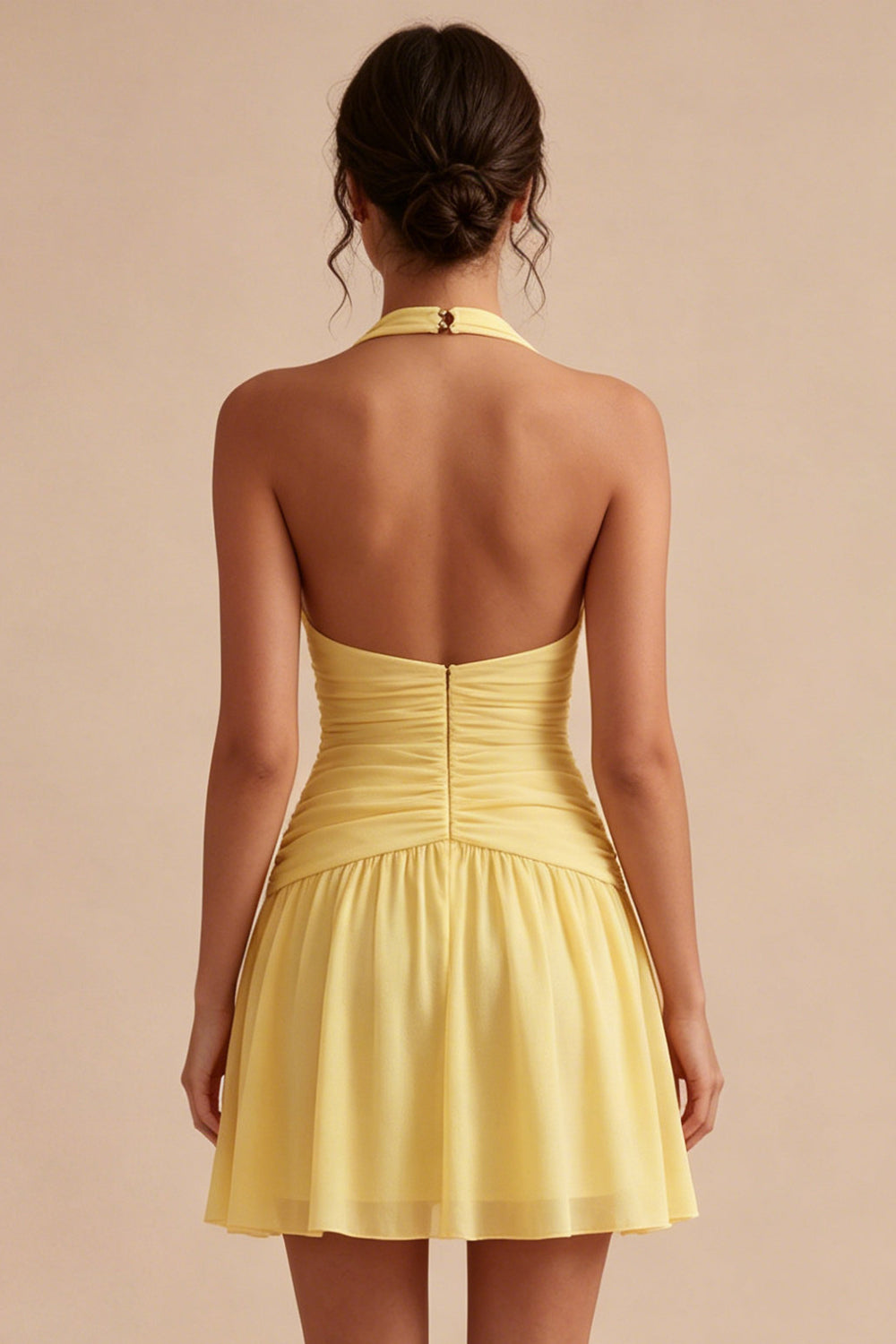 A Line Short Daffodil Halter Ruched Backless Graduation Dress