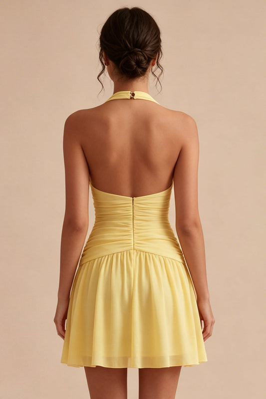 A-Line Short Daffodil Halter Ruched Backless Graduation Dress