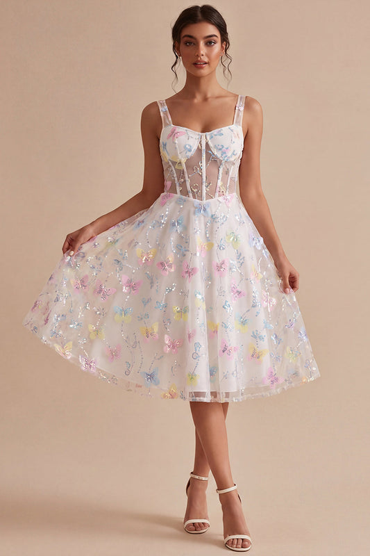 Corset Floral White Midi Thick Straps Beaded A-Line Graduation Dress