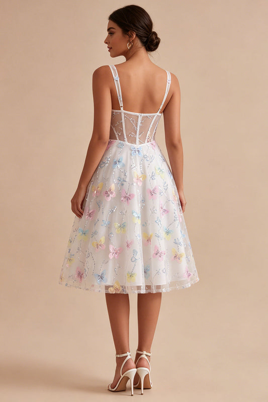 Corset Floral White Midi Thick Straps Beaded A-Line Graduation Dress