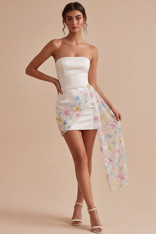 Strapless Floral White Fitted Short Beaded Graduation Dress with Sash