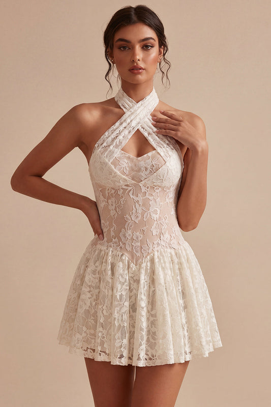 Vestido de graduación corto de encaje con cuello halter, escote de ojal, línea A, color marfil floral