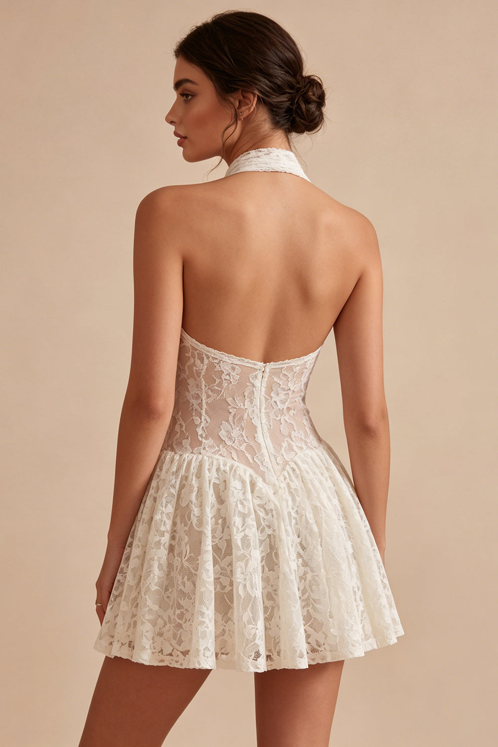 Floral Ivory Halter Keyhole Lace Short A Line Graduation Dress