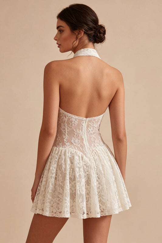Vestido de graduación corto de encaje con cuello halter, escote de ojal, línea A, color marfil floral