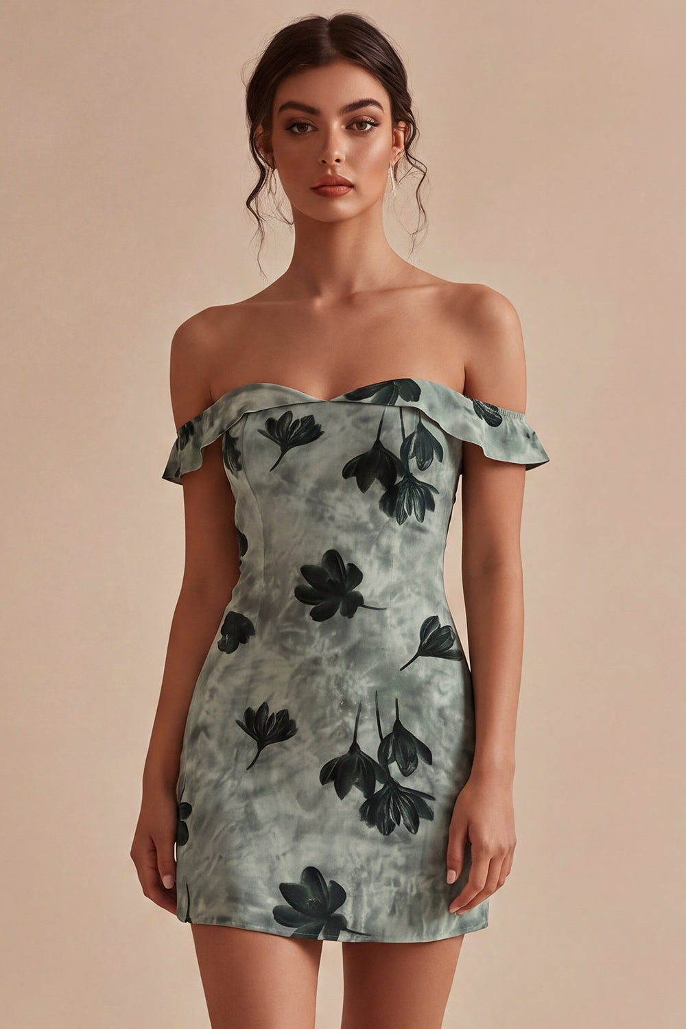 Robe de bal de fin d'année vert moulante courte à fleurs et épaules dénudées